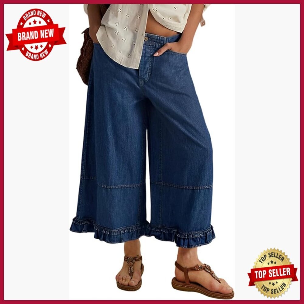 Mid Rise Wide Leg Cropped Jeans Cotton Blend Relaxed Fit Pockets